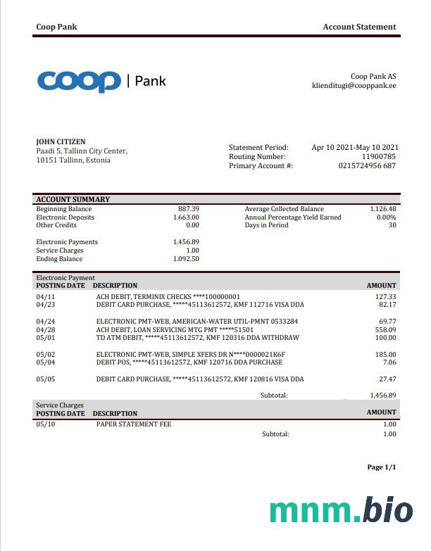 Estonia Coop Pank szablon wyciągu bankowego w programie Word i PDF
